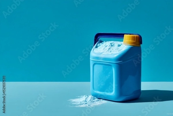 Fototapeta Blue container filled with washing powder on a solid blue background emphasizing cleanliness in modern home settings