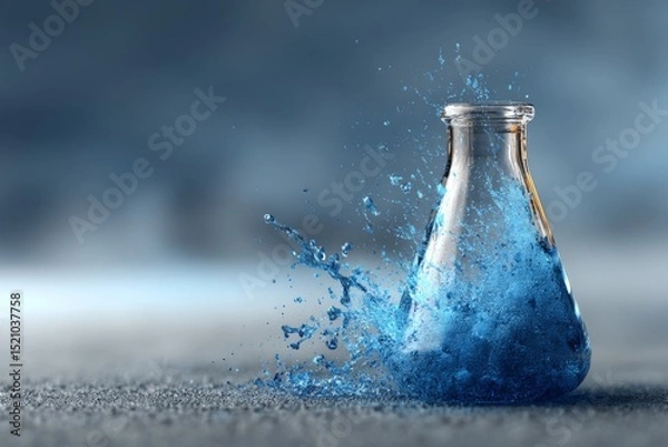 Fototapeta Blue liquid splashing from glass flask on a textured surface during artistic demonstration of fluid dynamics