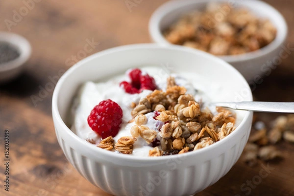 Fototapeta Granola yogurt bowl with raspberries closeup view