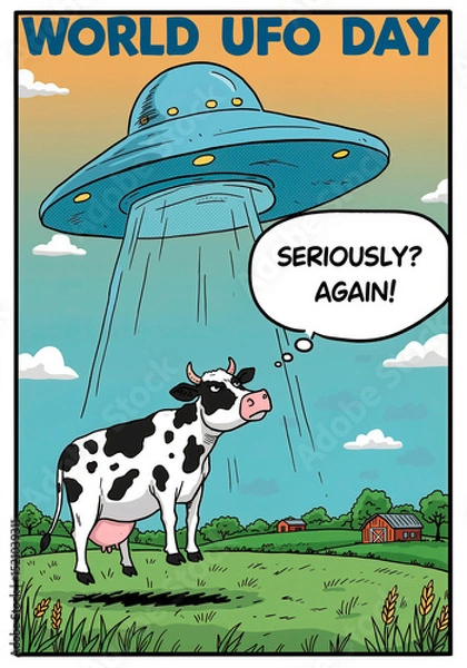 Obraz Cow abducted by UFO in a comic style for World UFO Day. Alien spacecraft beaming up farm animal in rural landscape. Funny alien abduction concept.