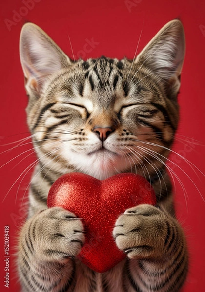 Fototapeta Adorable tabby cat holding a red heart with a joyful expression, symbolizing love, warmth, and affection. Perfect for Valentine's Day, pet lovers, and emotional visual content.	