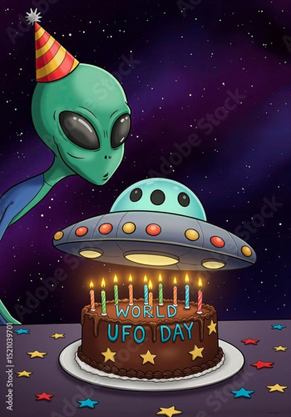 Obraz Green alien in party hat looking at chocolate cake with flying saucer for world UFO day celebration banner.