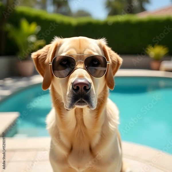 Obraz A confident golden retriever wearing stylish sunglasses poses gracefully by a serene pool, capturing the essence of leisure and joy on a beautiful sunny day.