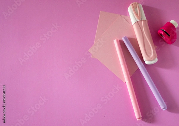 Obraz Aesthetic school supplies flat design on minimalistic pink background.School readiness concept.