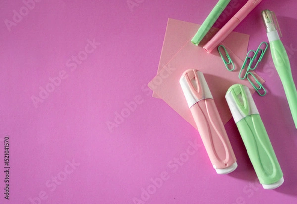 Obraz School supplies in soft colors for modern learning.School readiness concept.Copy sapce.