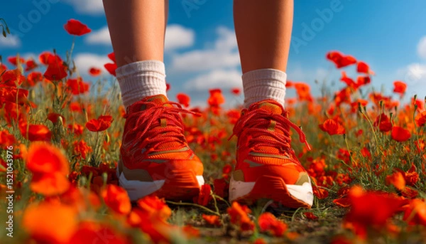 Fototapeta Close-up of person wearing orange running shoes and socks in a vibrant poppy field under a blue sky