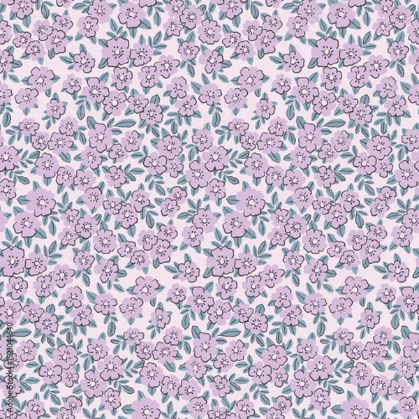 Fototapeta Seamless floral pattern, liberty ditsy print in delicate purple colors. Small cute hand drawn flowers, tiny leaves, simple mini plants abstract. Gentle botanical textile design. Vector illustration