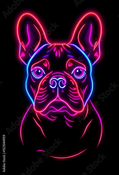 Fototapeta Vibrant neon illustration of a French Bulldog on a black background. Glowing pink, purple, and blue lines create a bold, futuristic design perfect for modern pop art and digital projects