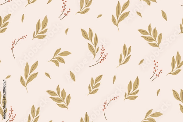 Fototapeta Seamless floral pattern, abstract nature design with leaves in vintage style. Elegant botanical print of small hand drawn foliage, tiny wildflowers in delicate autumn colors. Vector illustration.