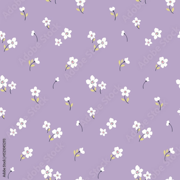 Fototapeta Seamless floral pattern, liberty ditsy print of mini pretty daisies on purple background. Cute botanical design of tiny hand drawn flowers, small leaves, simple plants abstract. Vector illustration.