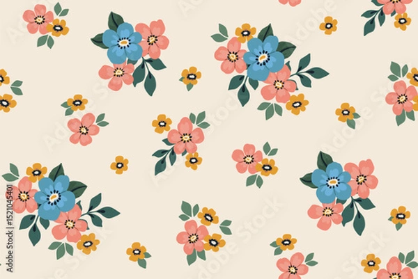 Fototapeta Seamless floral pattern, liberty ditsy print of tiny bouquets in vintage rustic motif. Cute botanical design of tiny hand drawn flowers, leaves, simple bouquets in delicate colors. Vector illustration