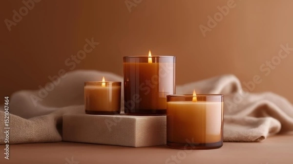 Fototapeta Three candles on a beige background. the candles are arranged in a triangular formation, with the largest candle in the center and two smaller candles on either side.