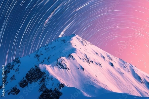 Fototapeta Majestic snow-capped mountain peak under a mesmerizing night sky filled with star trails.