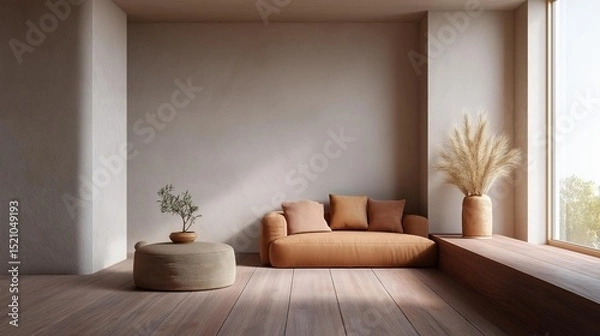 Fototapeta Modern living room with a large window on the right side. the window has a wooden frame and is letting in natural light.