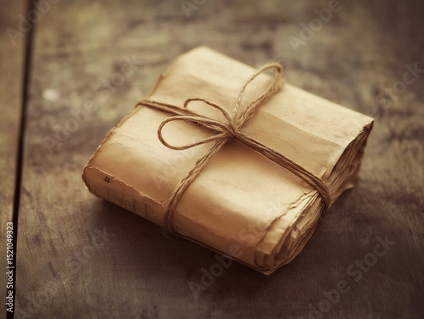 Obraz Handmade paperweight from rolled vintage book pages on warm wooden surface, side natural light, textured paper and wood grain, sustainable and nostalgic aesthetic, sepia and cream tones