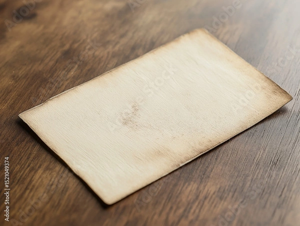 Obraz Close-up of blank vintage library checkout slip with creases and faded ink on polished oak surface, soft side daylight, subtle paper texture, clean archival mood, muted beige and warm wood tones