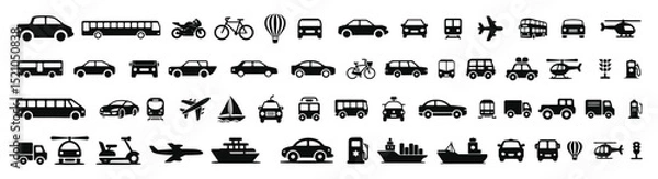 Fototapeta Transportation, vehicle icon set. Vector glyph pictograms of travel, logistics, public transit concepts, car, train, bus, bicycle, boat, and airplane black silhouette vector