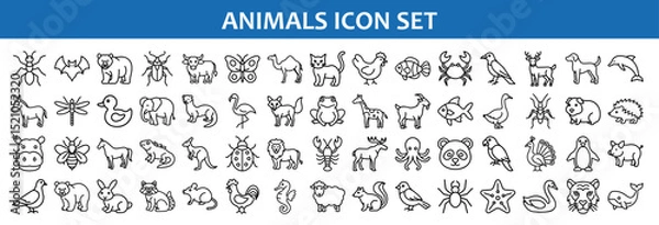 Fototapeta Minimal Animal Icon Set for Design Projects, A clean, outlined animal icon set featuring various species, ideal for apps, websites, infographics, and educational materials.
