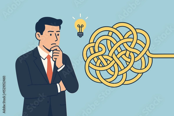 Obraz Concept of problem solving: Pensive businessman analyzing complex tangled path. Bright lightbulb signifies innovative idea for solution. Business strategy, challenge, untangling chaos. Vector.