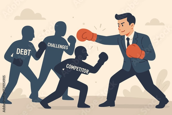 Obraz Determined Businessman Fighting Business Challenges, Debt, and Competitors. Entrepreneur Overcoming Obstacles, Adversity, Competition, and Financial Problems with a Strategic Punch.