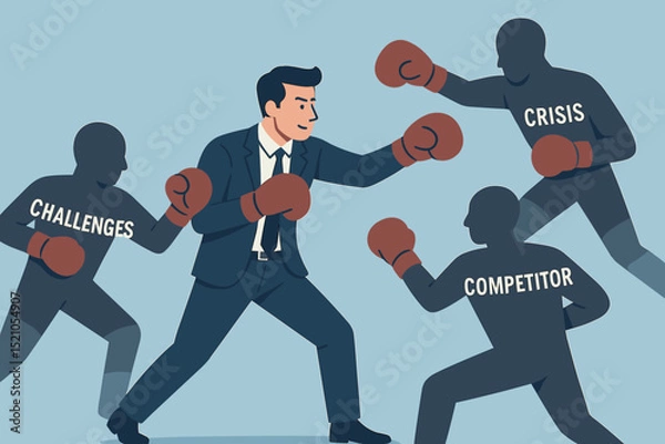 Obraz Determined Businessman Boxing Against Business Challenges, Crisis, and Competitors. Fighting Adversity, Conflict, Obstacles, and Problems in a Corporate Battle.