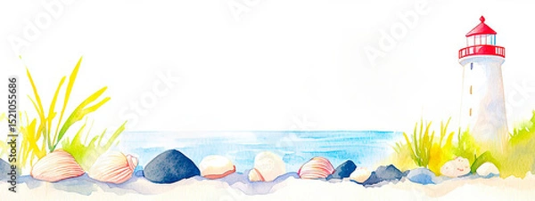 Obraz Watercolor painting of lighthouse beach with ocean, seashells and stones. 