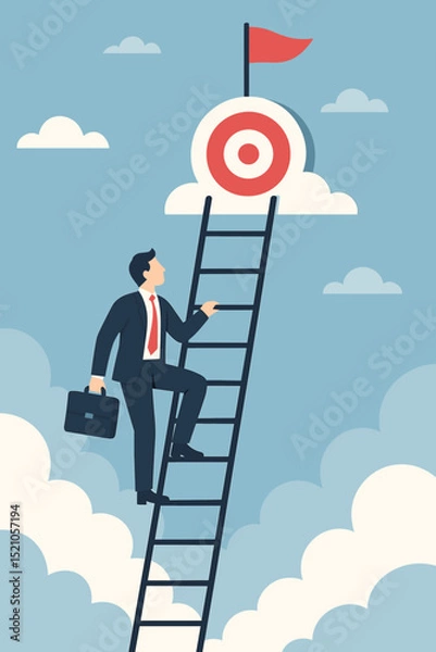 Obraz Aim High: Businessman Ascending Ladder to Cloud Target with Flag, Achieving Goals, Career Growth, Ambition, and Strategic Success in the Sky