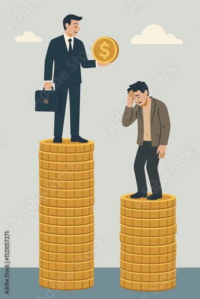 Obraz Businessman and worried man standing on unequal piles of gold coins with dollar symbol, concept of economic inequality, financial disparity, wealth gap, business finance illustration