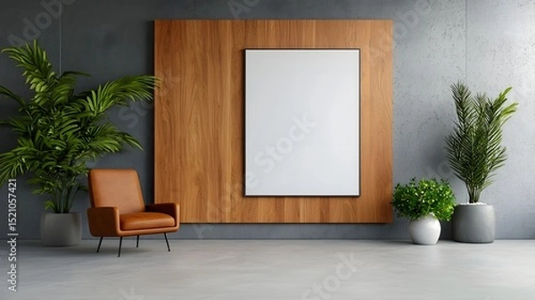 Fototapeta Bright and modern office interior with minimalist display wall