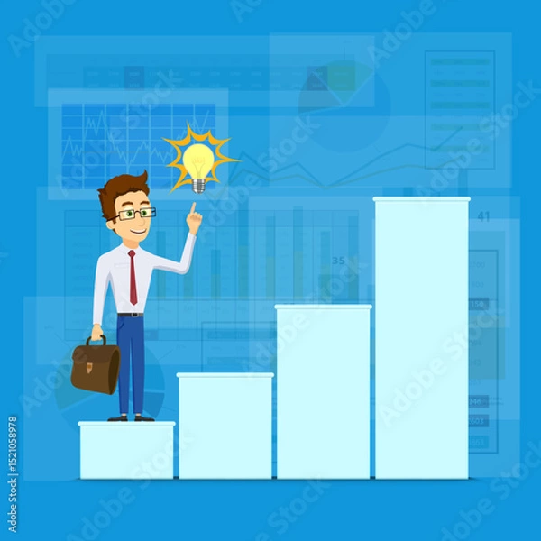 Obraz Businessman standing in front of stairs with steps. Career ladder of success. Vector illustration