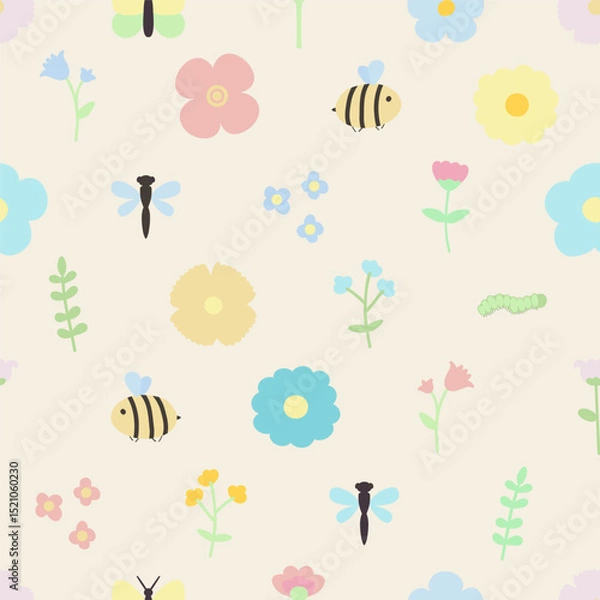 Fototapeta Vector seamless pattern with bees, flowers, dragonflies, butterflies. For birthday or party invitation, baby shower, fabric, textile and linen, print clothes and pajamas, gift and wrapping paper.