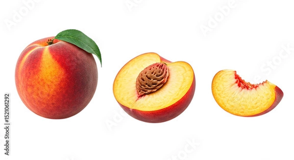 Fototapeta A still life of three peaches one whole one halved and one slice on a black background studio shot