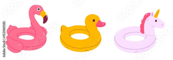 Fototapeta Collection of three isolated inflatable pool floats including flamingo, duck, and unicorn, ideal for summer designs and kids’ products