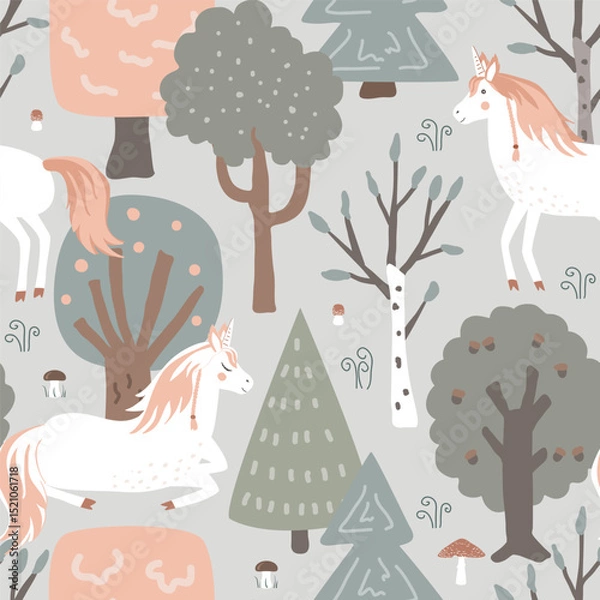 Fototapeta Seamless vector pattern with unicorns and magic forest. Vintage fairy background. Vector illustration