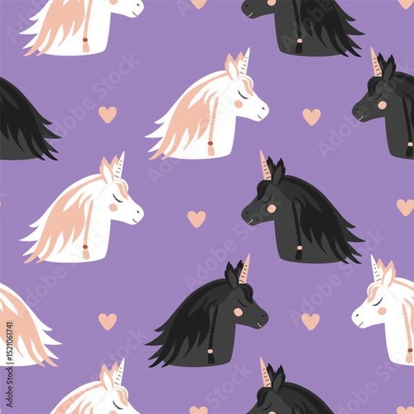 Fototapeta Cute white and black unicorn seamless pattern. Unicorn portrait cartoon background. Fairy horses vector illustration