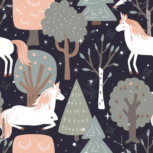 Fototapeta Seamless vector pattern with unicorns and magic forest. Vintage fairy background. Vector illustration