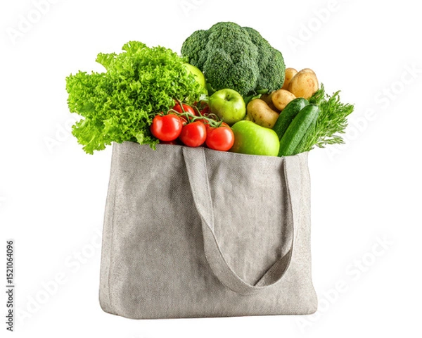 Fototapeta Reusable bag filled with fresh organic groceries including vibrant green lettuce broccoli tomatoes apples potatoes and cucumbers showcases healthy eating and sustainability