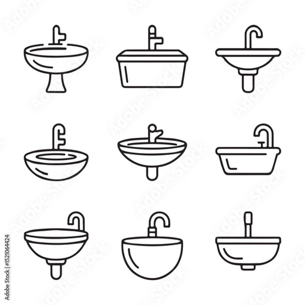 Obraz Sink Icon Set for Kitchen. Vector Illustration of Different Bathroom Sink Styles
