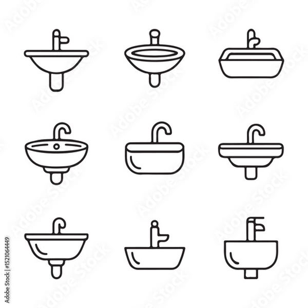 Obraz Sink Icon Set for Kitchen. Vector Illustration of Different Bathroom Sink Styles
