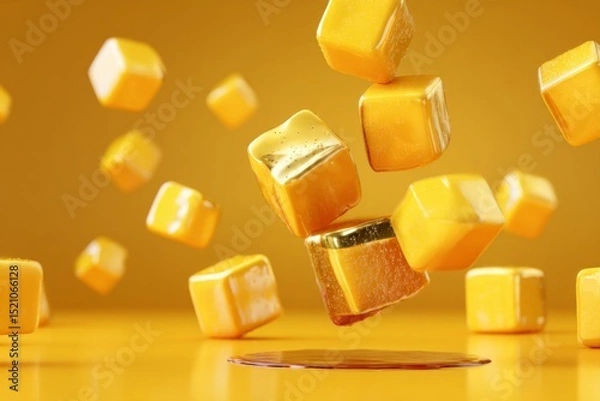 Fototapeta Floating yellow candy pieces create a vibrant display against a bright background, showcasing a playful confectionery theme