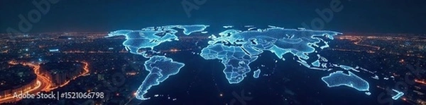 Obraz Global network of interconnected business nodes visualized as a futuristic cityscape at night, representing international commerce and digital connectivity , infrastructure, global, nodes