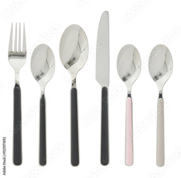 Obraz Set Stainless steel spoon, fork, knife cut out isolated transparent background