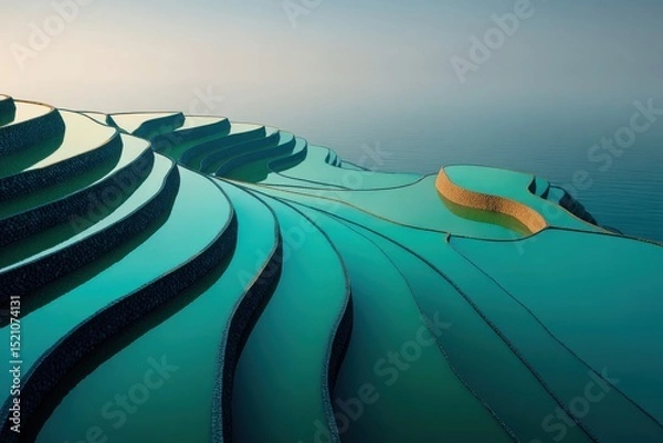 Fototapeta Aerial panorama of beautiful rice terraces filled with water, creating a serene landscape with tranquil water, under a hazy sky in Asia during a peaceful day.
