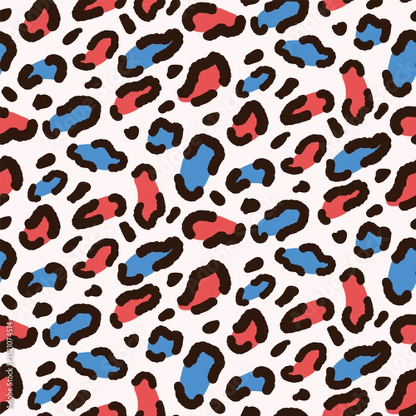 Fototapeta Red and blue  abstract Leopard Print seamless pattern on white background. For fabric, textile and home décor