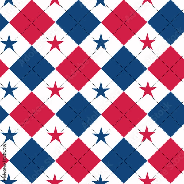 Fototapeta Blue and red argyle with stars seamless pattern on white background. For American holidays celebrations, fourth of July fabric and textile