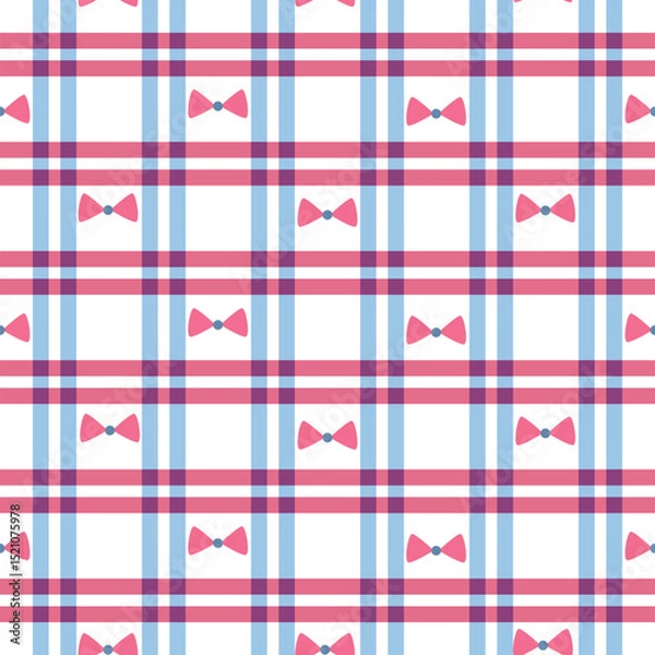 Fototapeta Blue and red plaid tartan with preppy bows seamless pattern. For independence day background,  fabric and textile.