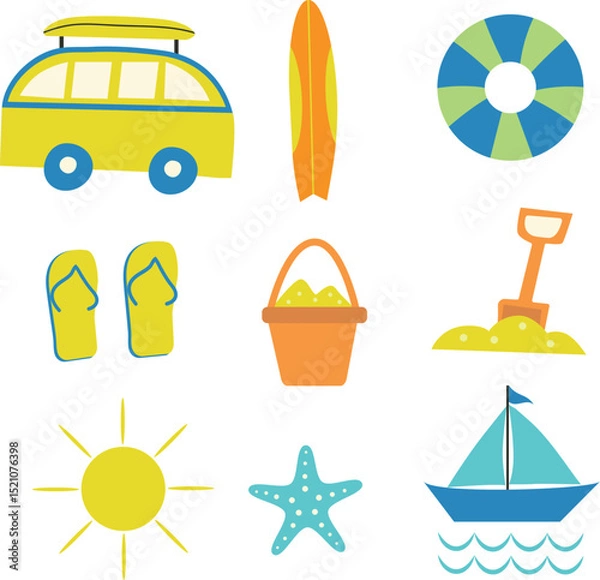 Fototapeta Summer beach 9 isolated elements  featuring life buoy, starfish, rv, surfboard, sun, sand bucket, boat and flip flops . For summer banners, shirts and clip art