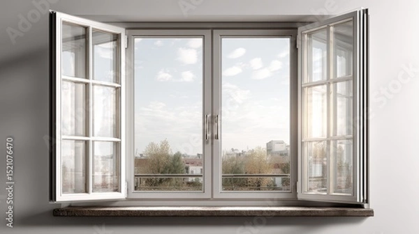 Fototapeta Sunlight illuminating plants on window sill with heat reflective window panel showing trees and buildings