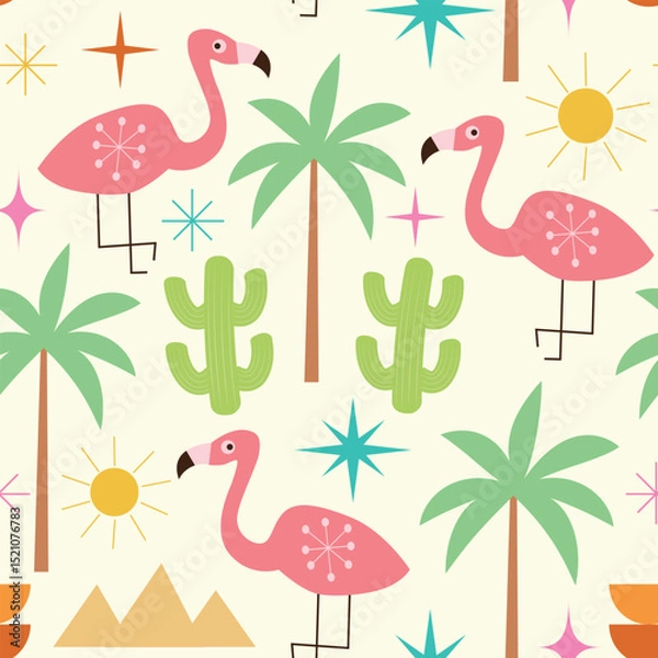 Fototapeta Mid century Palm springs Flamingo with palm trees, cactus, sun and atomic starbursts seamless pattern on white background. For wallpaper, fabric and home décor
