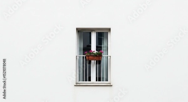 Obraz Minimalist Balcony Window with Blooming Flowers Against White Wall